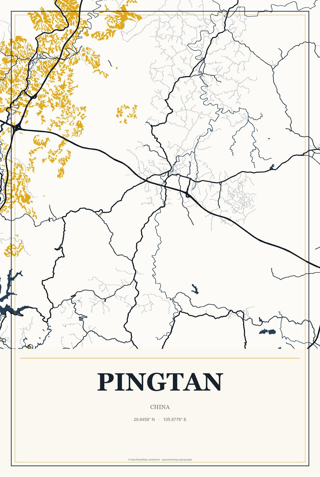 Pingtan, China City Map Aluminum Sign in Citrine Modern style