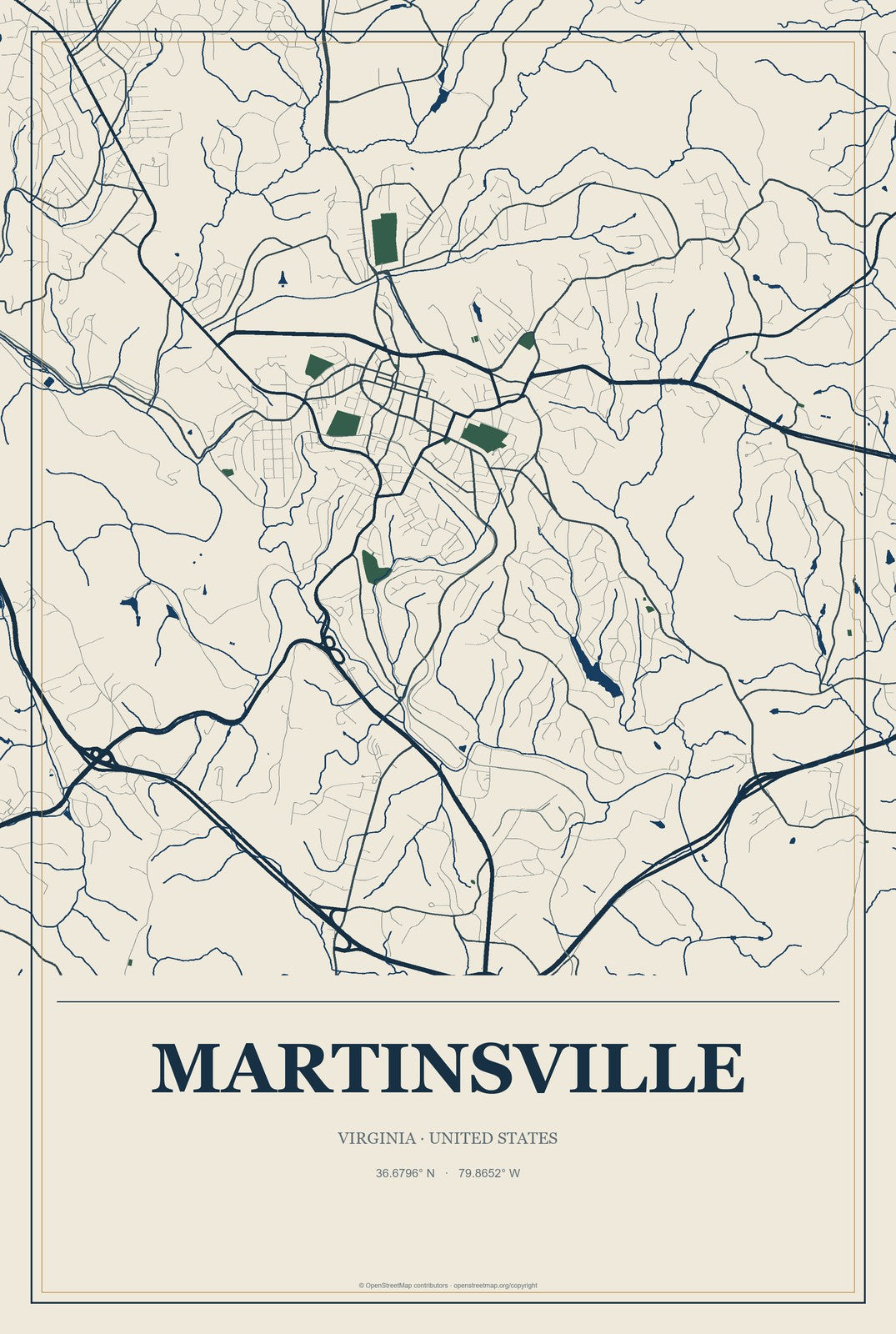 Martinsville, Virginia City Map Aluminum Sign in Coastal Cutout style
