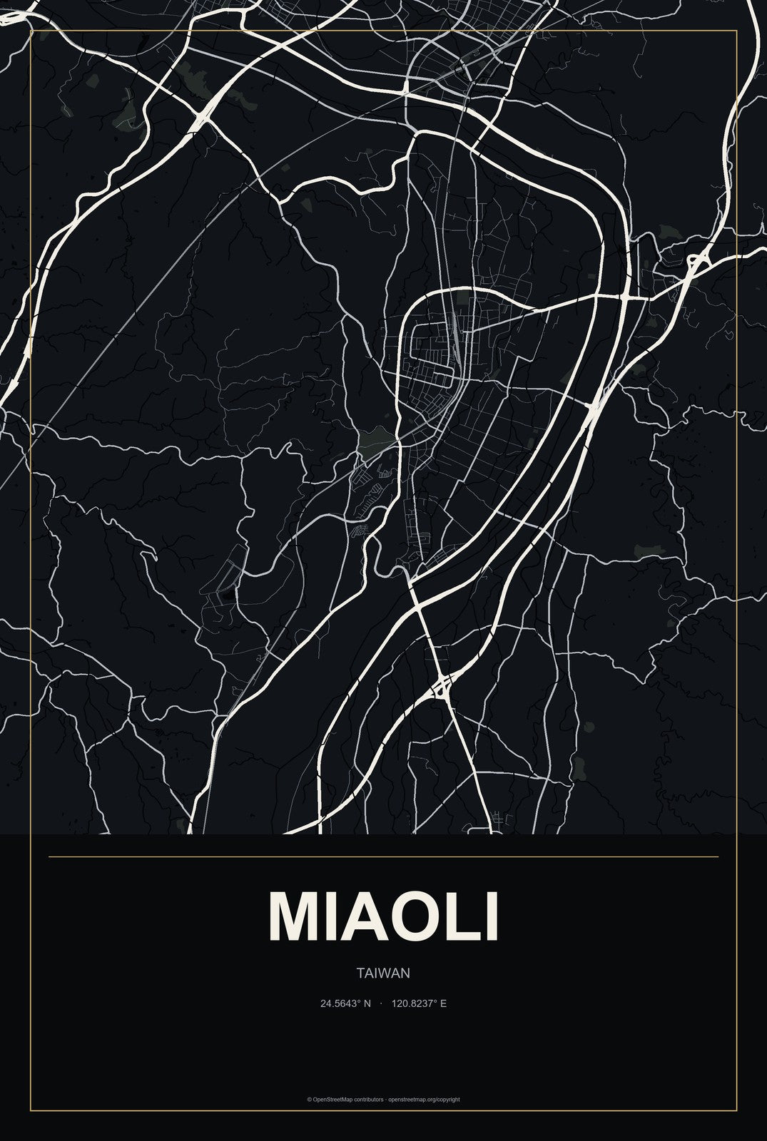 Miaoli, Taiwan City Map Aluminum Sign in Metropolitan Noir style