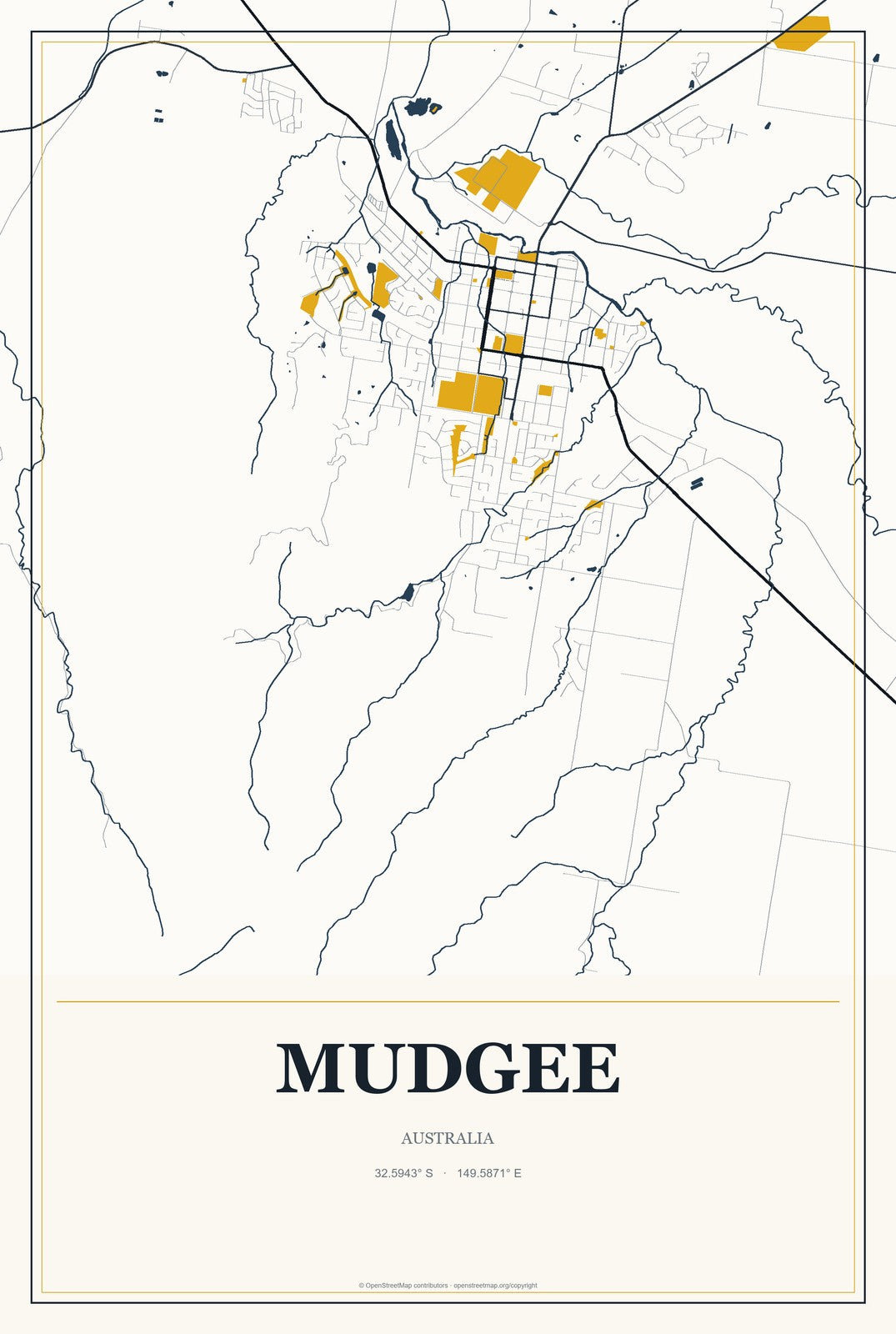 Mudgee, Australia City Map Aluminum Sign in Citrine Modern style