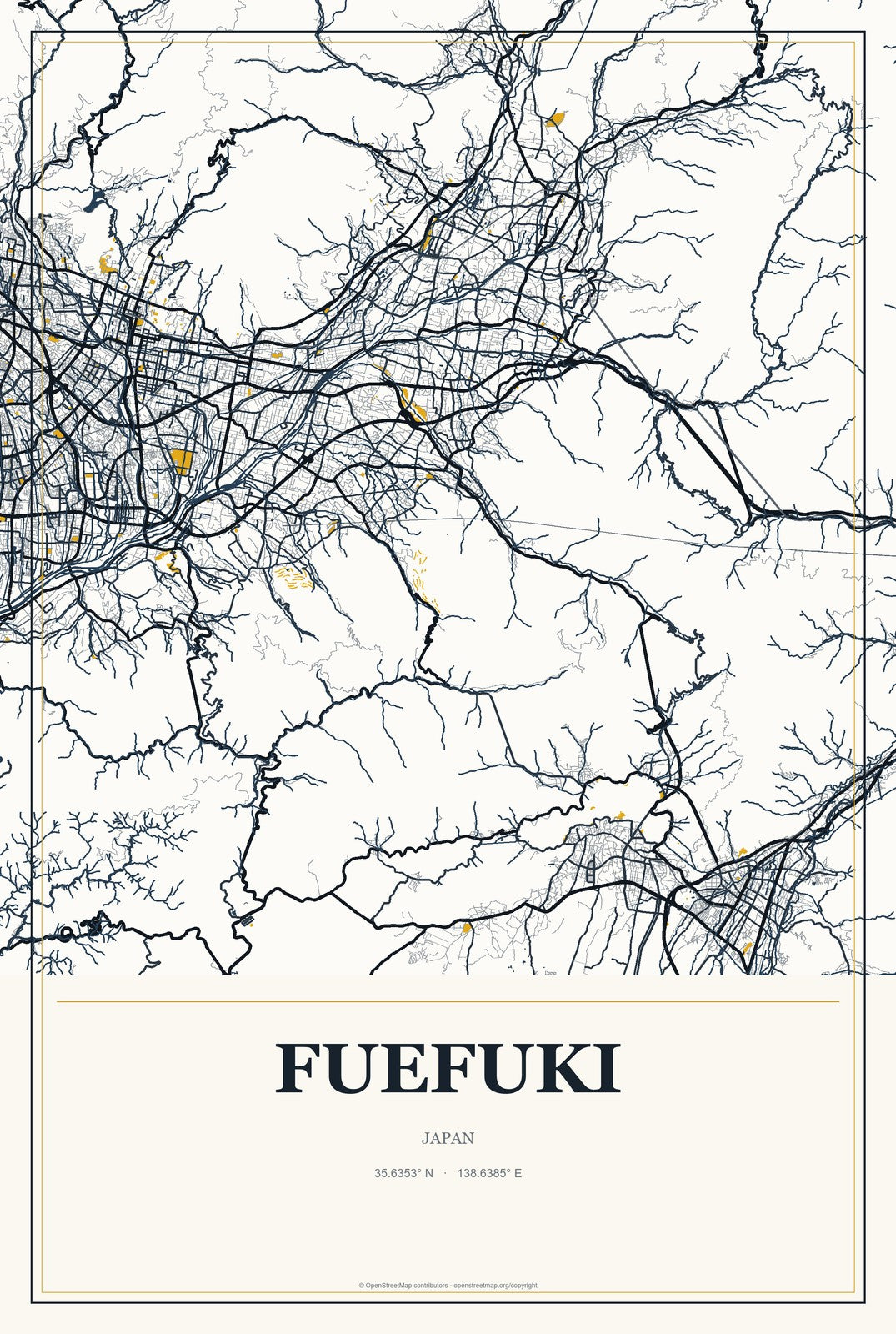 Fuefuki, Japan City Map Aluminum Sign in Citrine Modern style