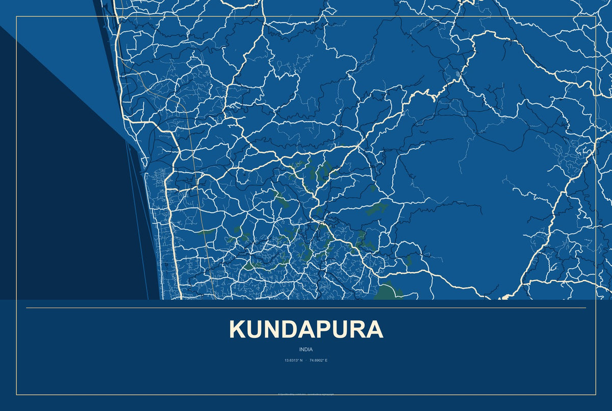 Kundapura, India City Map Aluminum Sign in Harbor Cobalt style