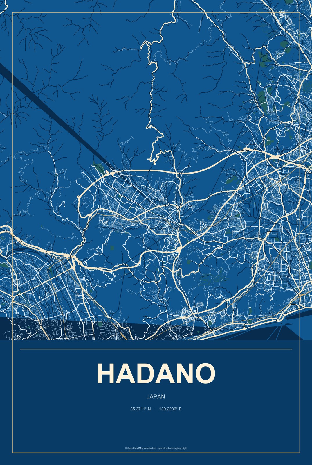 Hadano, Japan City Map Aluminum Sign in Harbor Cobalt style
