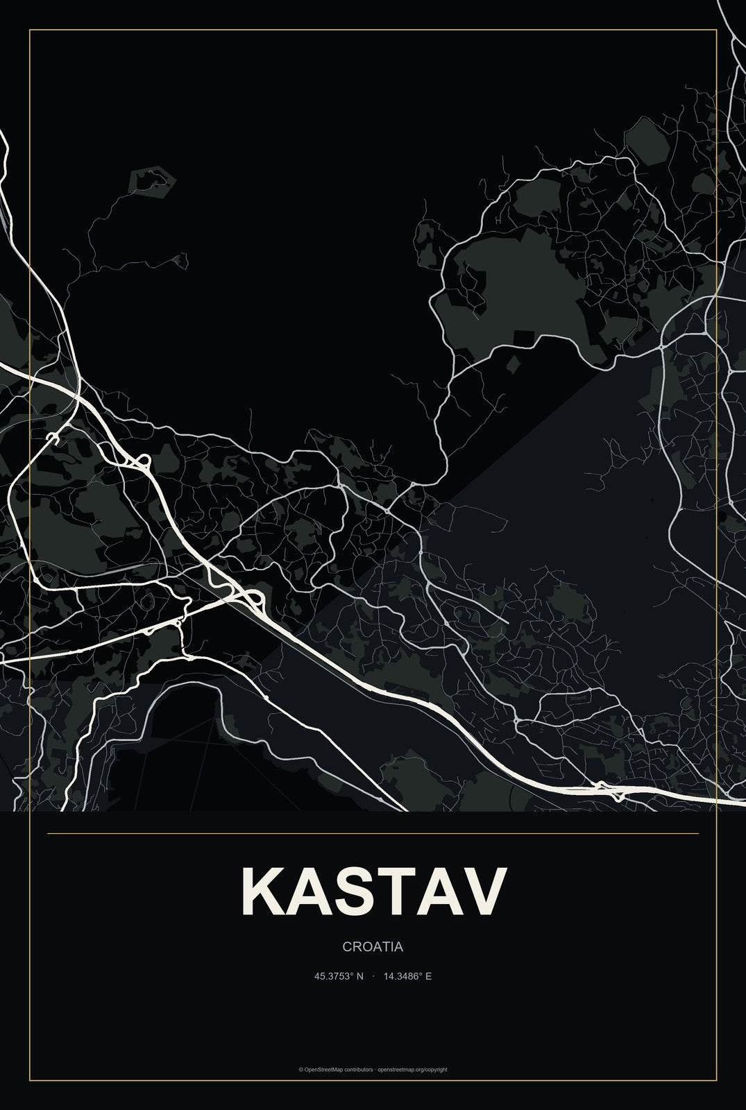 Kastav, Croatia City Map Aluminum Sign in Metropolitan Noir style