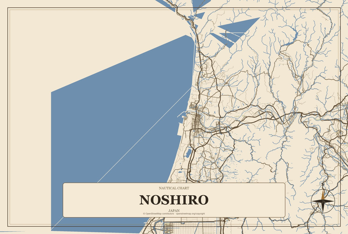 Noshiro, Japan City Map Aluminum Sign in Heritage Nautical style