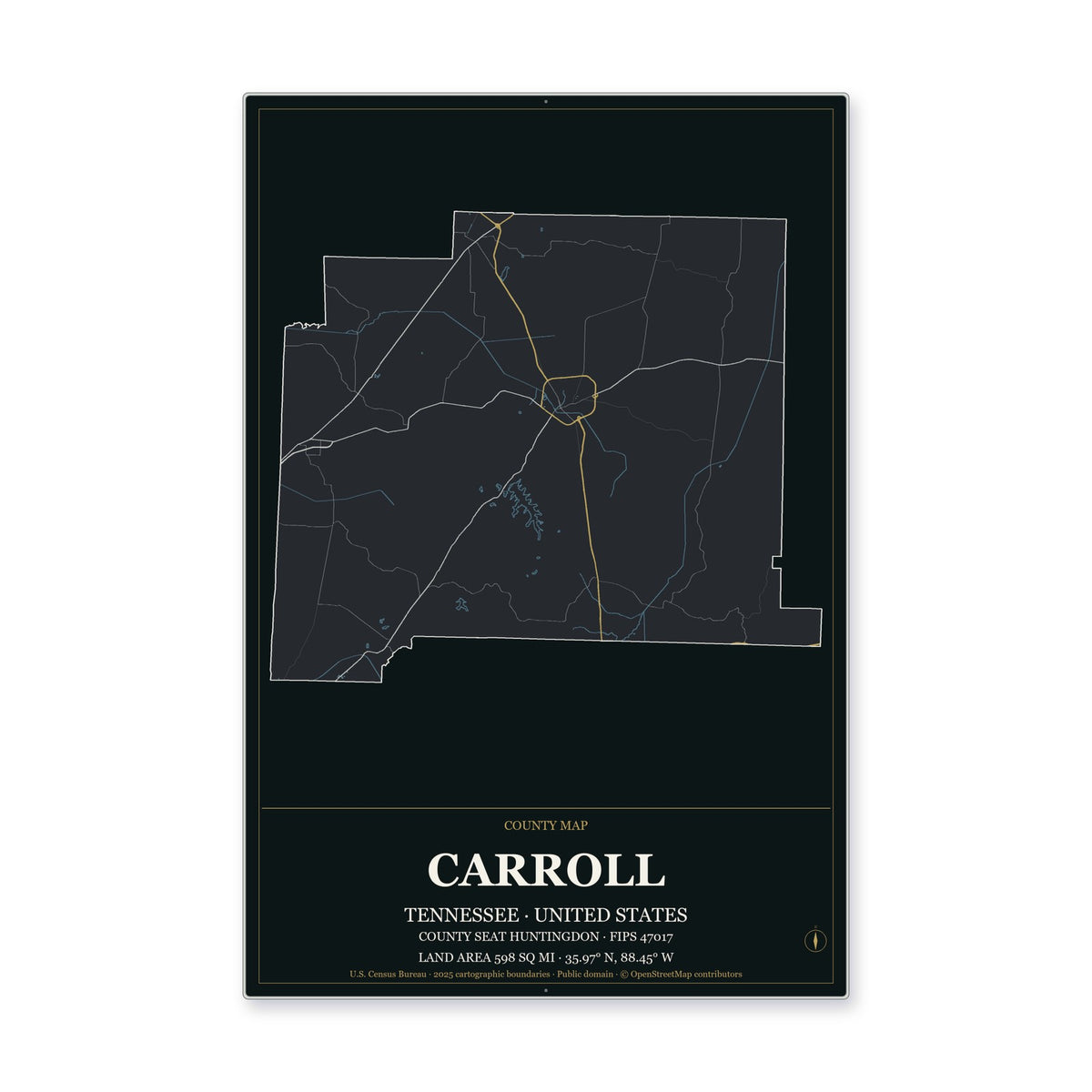 Carroll County, Tennessee Map Aluminum Sign in Metropolitan Noir style