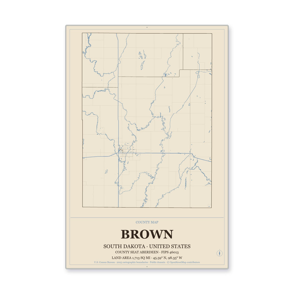 Brown County, South Dakota Map Aluminum Sign in Heritage Nautical style