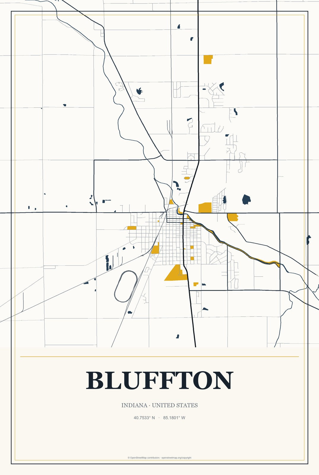 Bluffton, Indiana City Map Aluminum Sign in Citrine Modern style