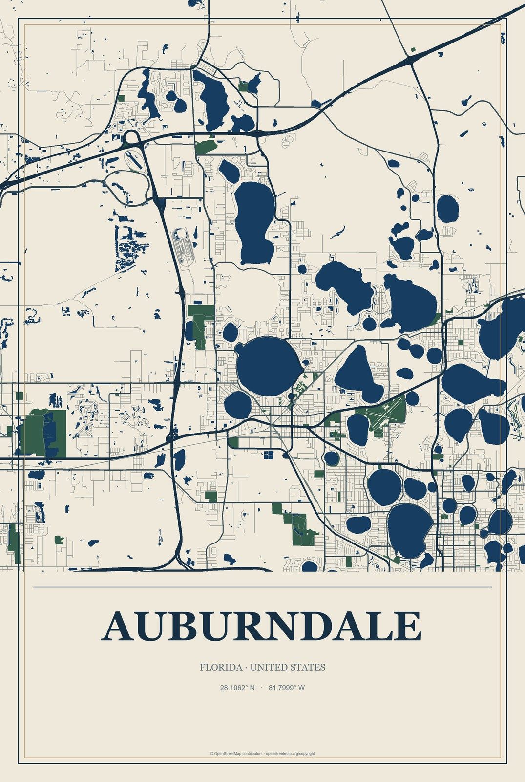 Auburndale, Florida City Map Aluminum Sign in Coastal Cutout style