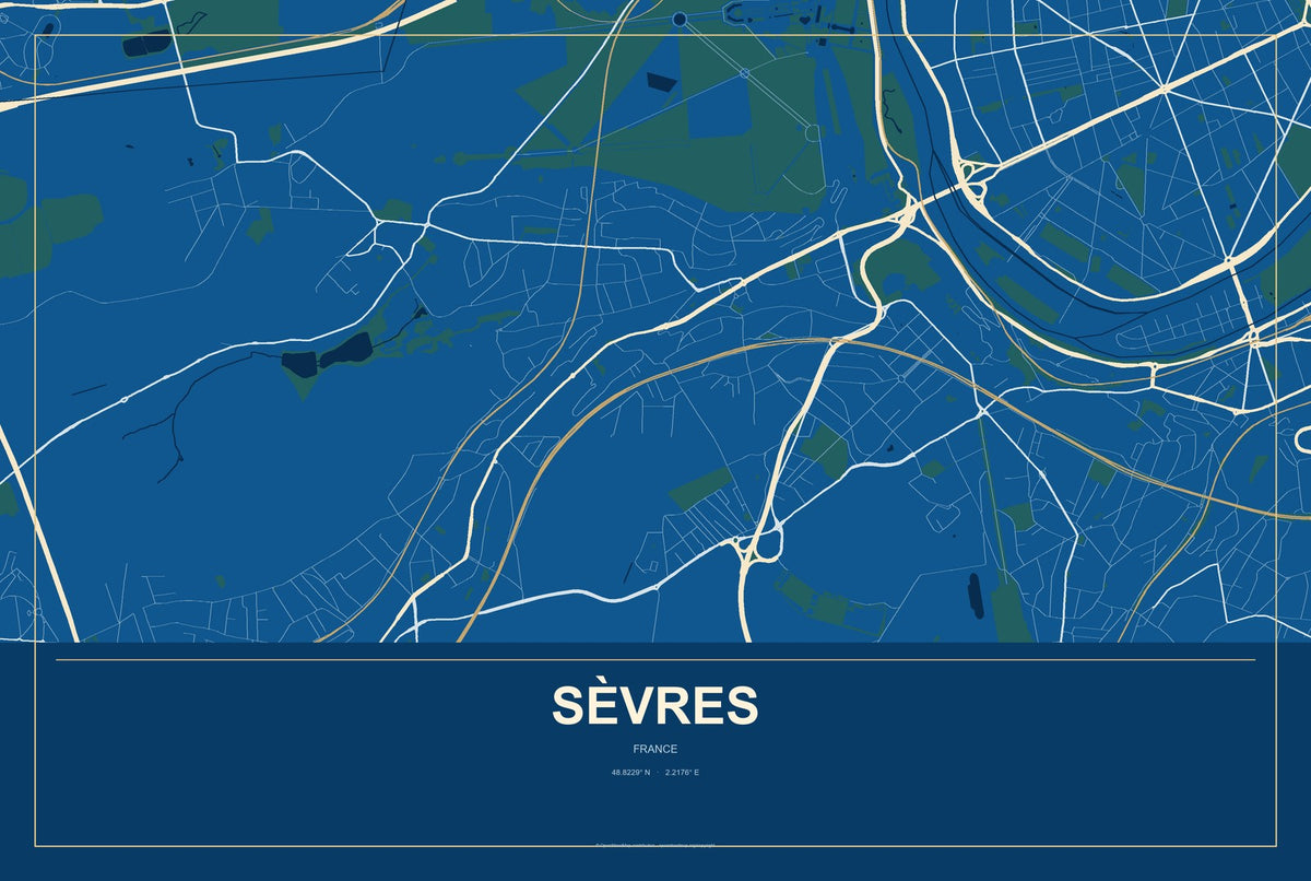 Sèvres, France City Map Aluminum Sign in Harbor Cobalt style