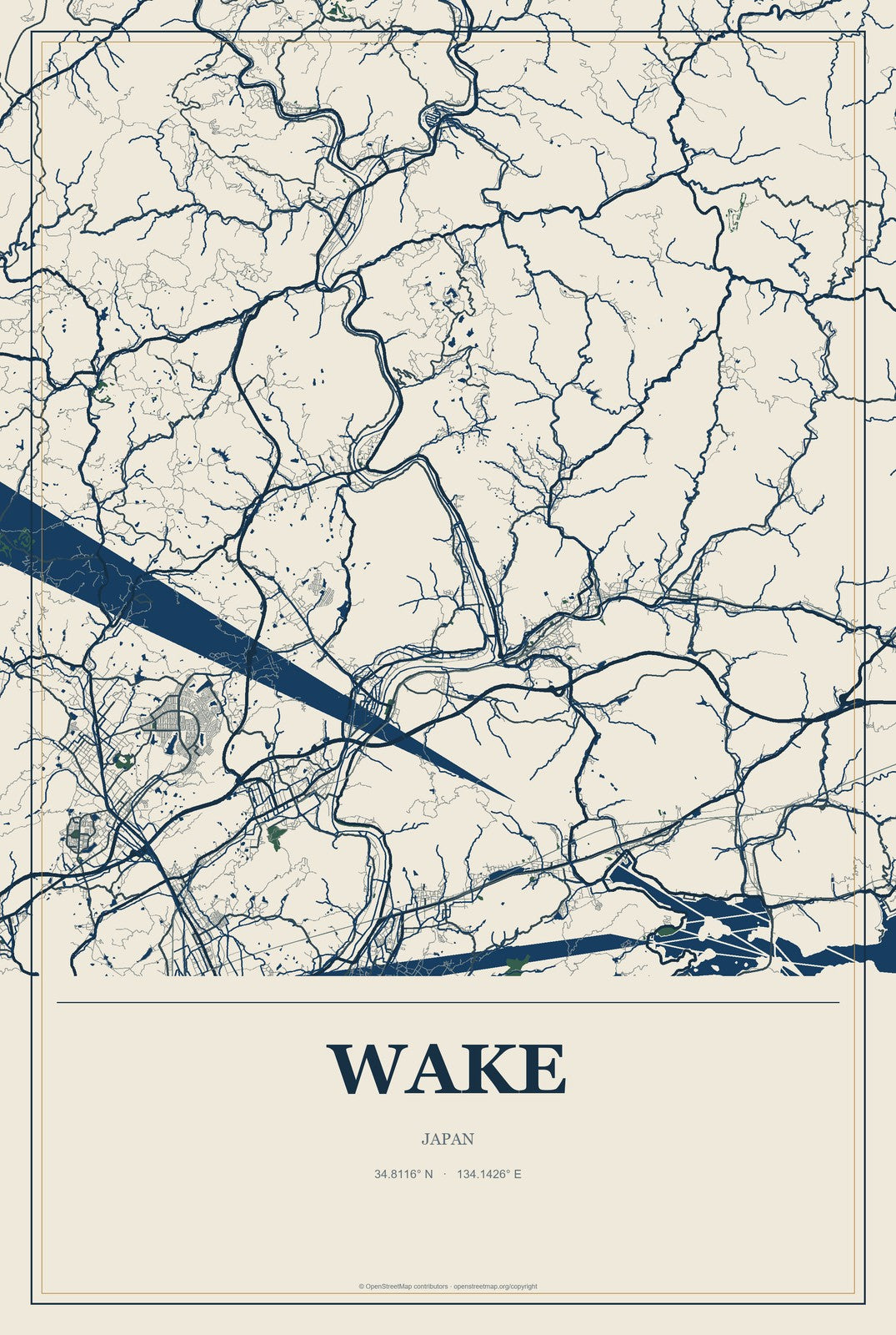 Wake, Japan City Map Aluminum Sign in Coastal Cutout style
