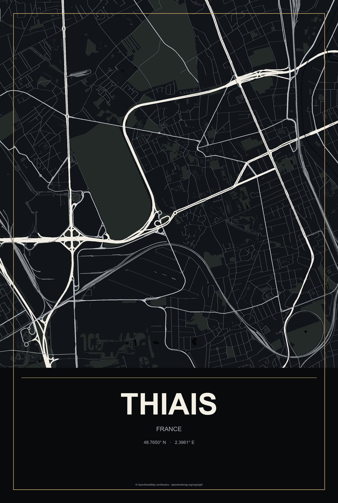 Thiais, France City Map Aluminum Sign in Metropolitan Noir style