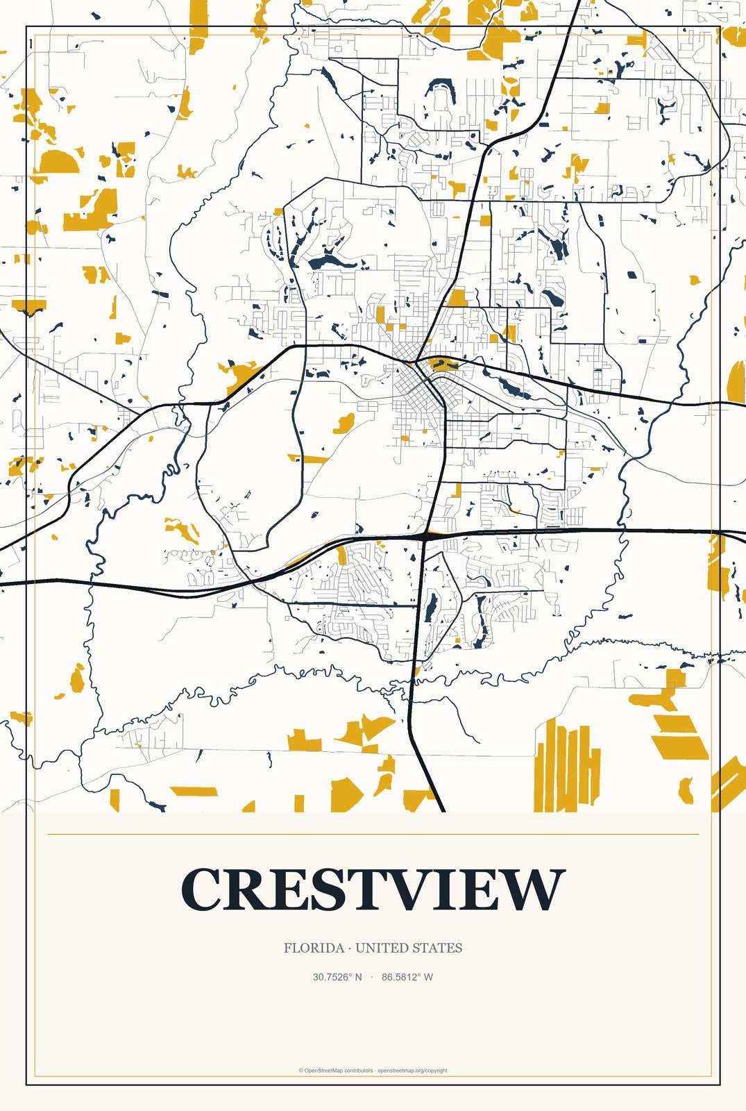 Crestview, Florida City Map Aluminum Sign in Citrine Modern style