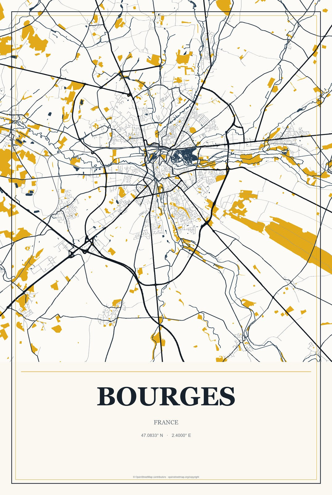 Bourges, France City Map Aluminum Sign in Citrine Modern style