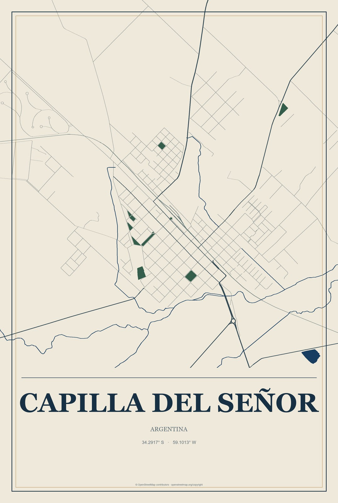 Capilla del Señor, Argentina City Map Aluminum Sign in Coastal Cutout style