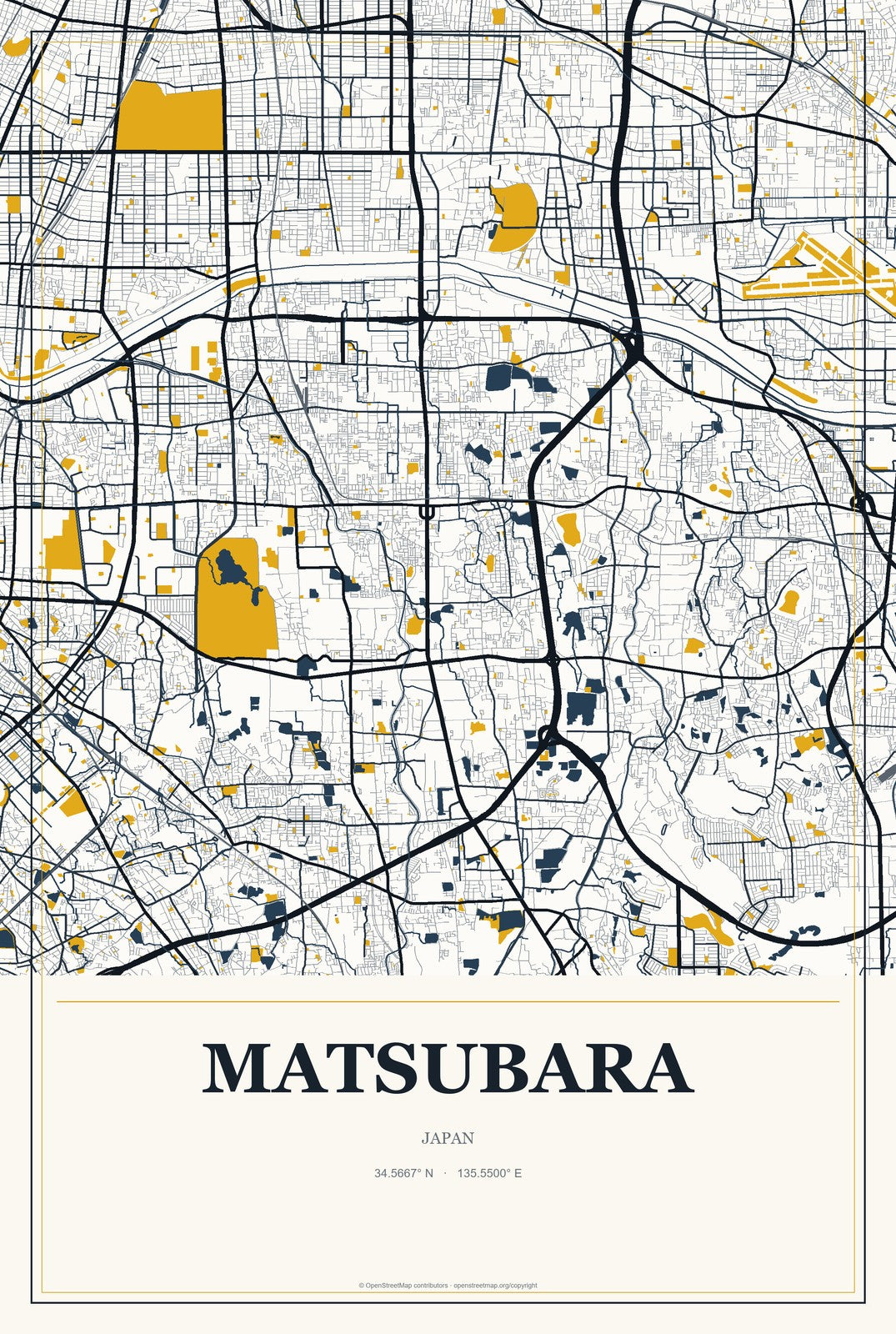 Matsubara, Japan City Map Aluminum Sign in Citrine Modern style