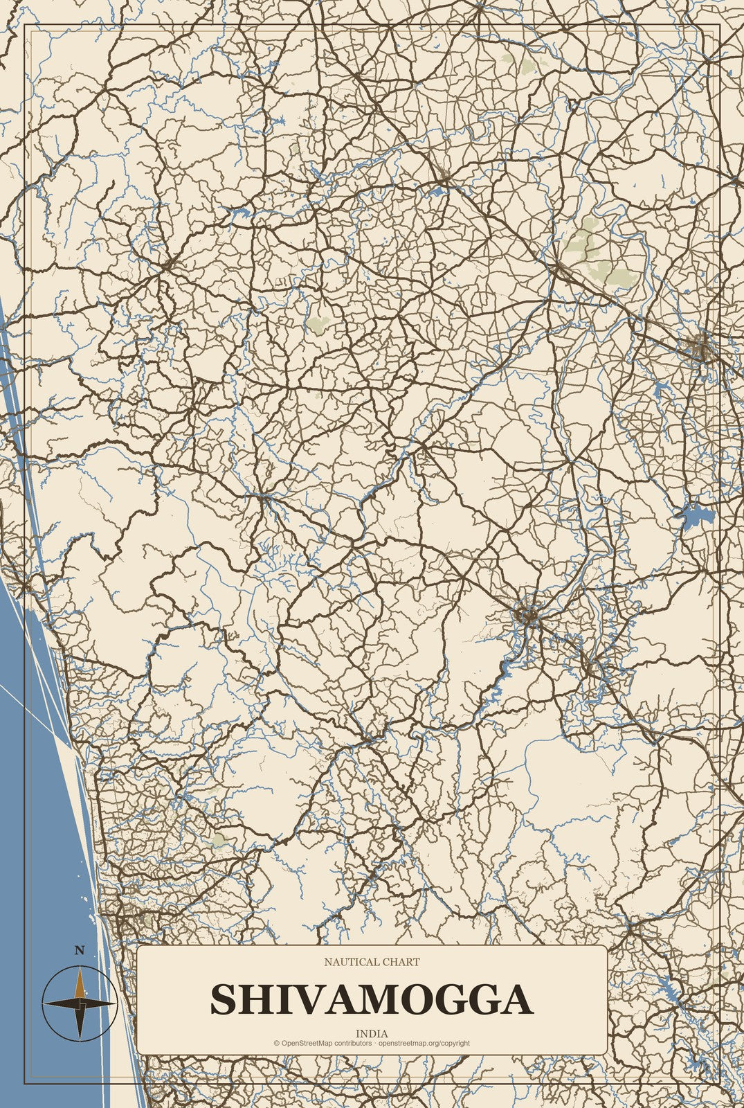 Shivamogga, India City Map Aluminum Sign in Heritage Nautical style