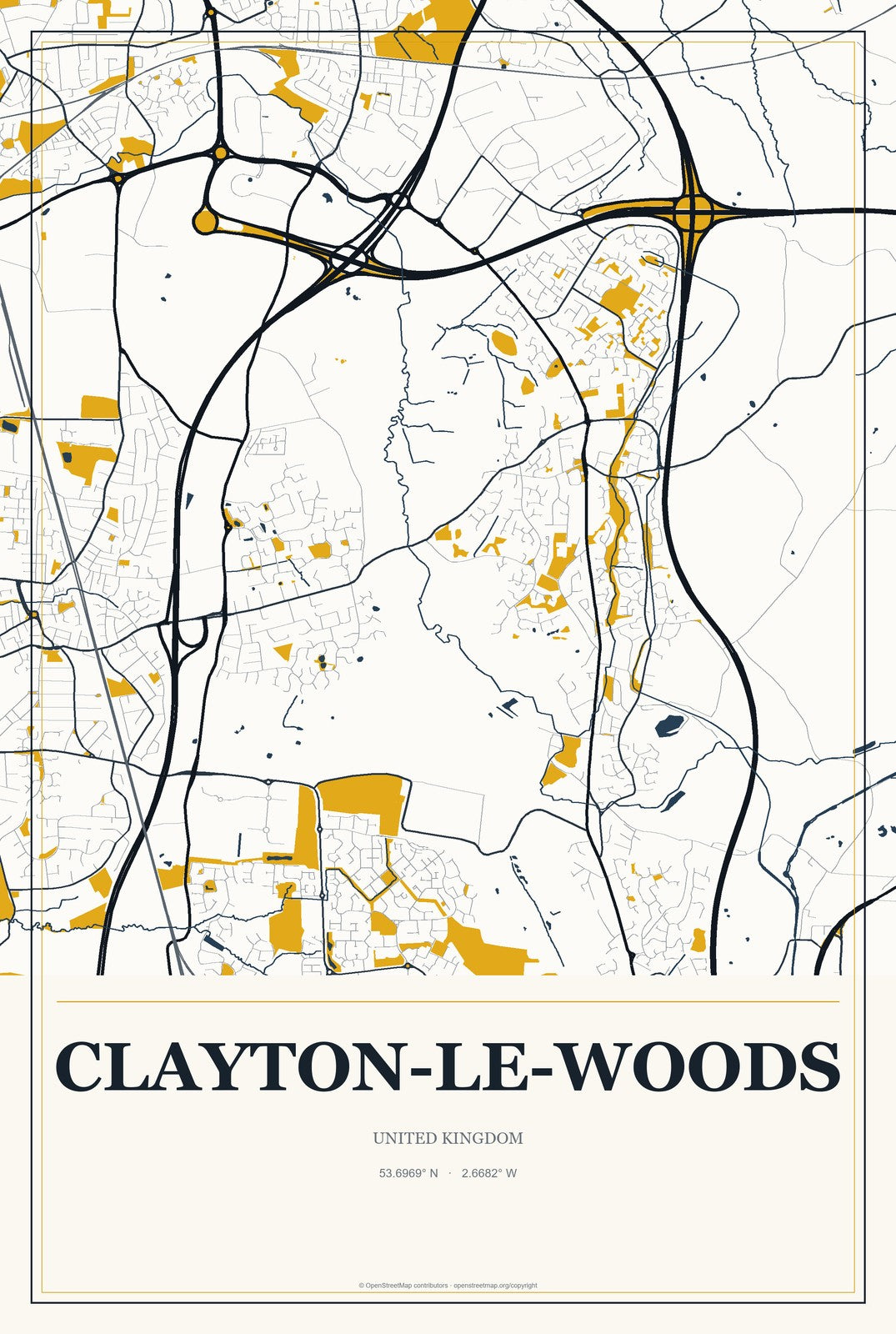 Clayton-le-Woods, United Kingdom City Map Aluminum Sign in Citrine Modern style