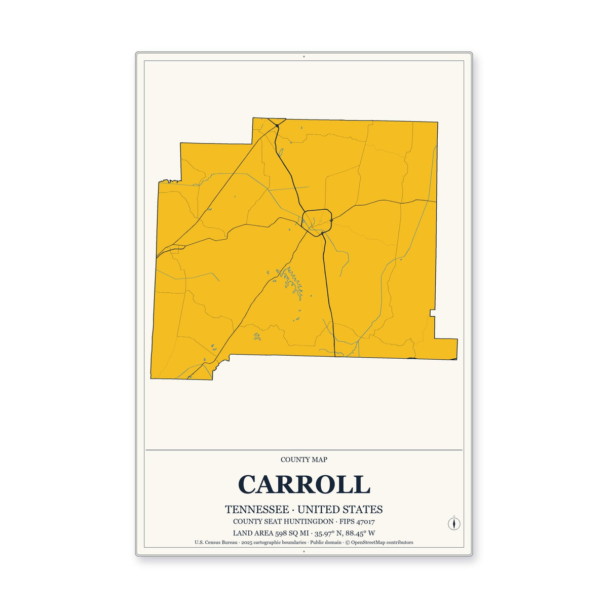 Carroll County, Tennessee Map Aluminum Sign in Citrine Modern style