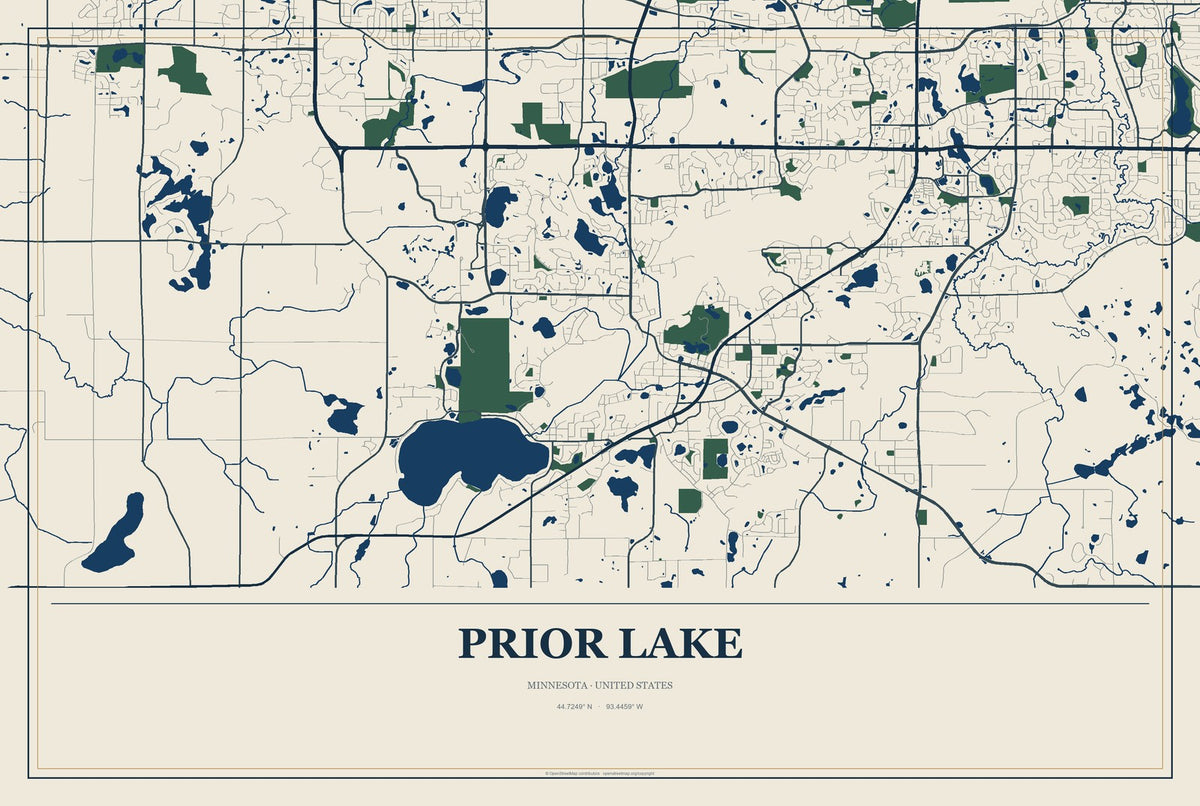 Prior Lake, Minnesota City Map Aluminum Sign in Coastal Cutout style