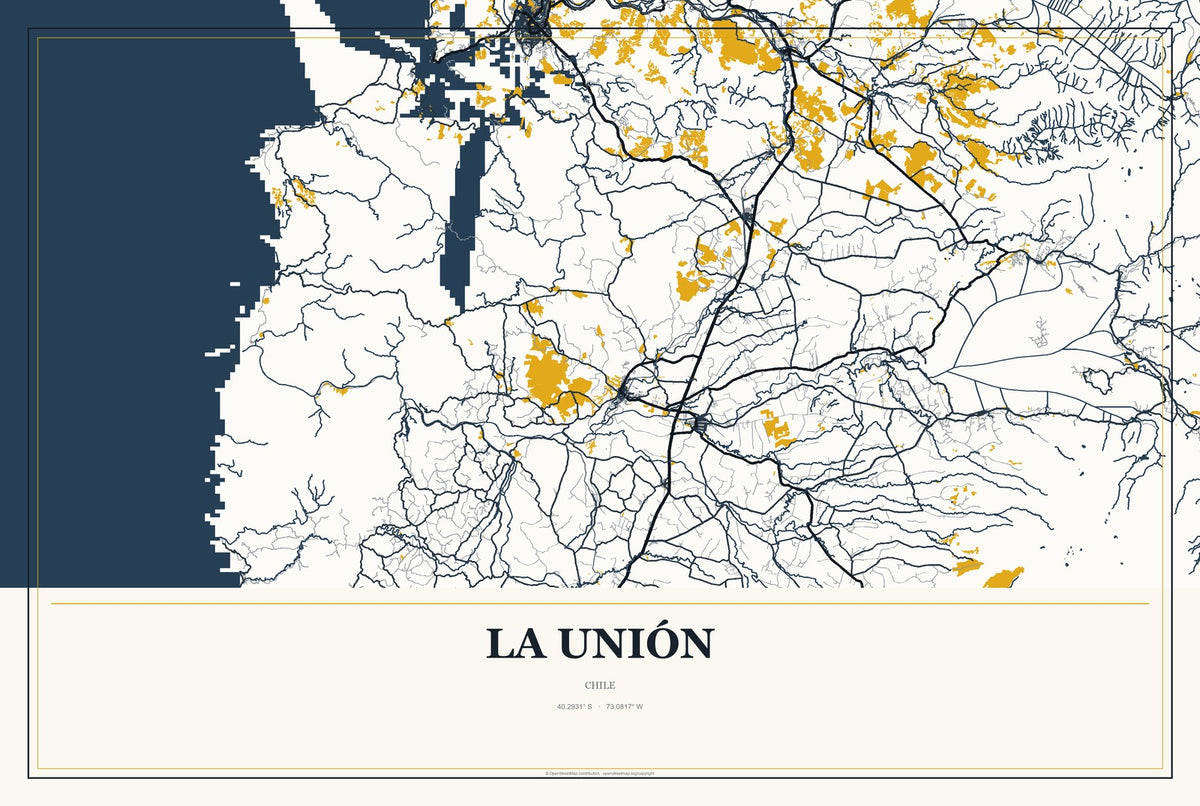 La Unión, Chile City Map Aluminum Sign in Citrine Modern style