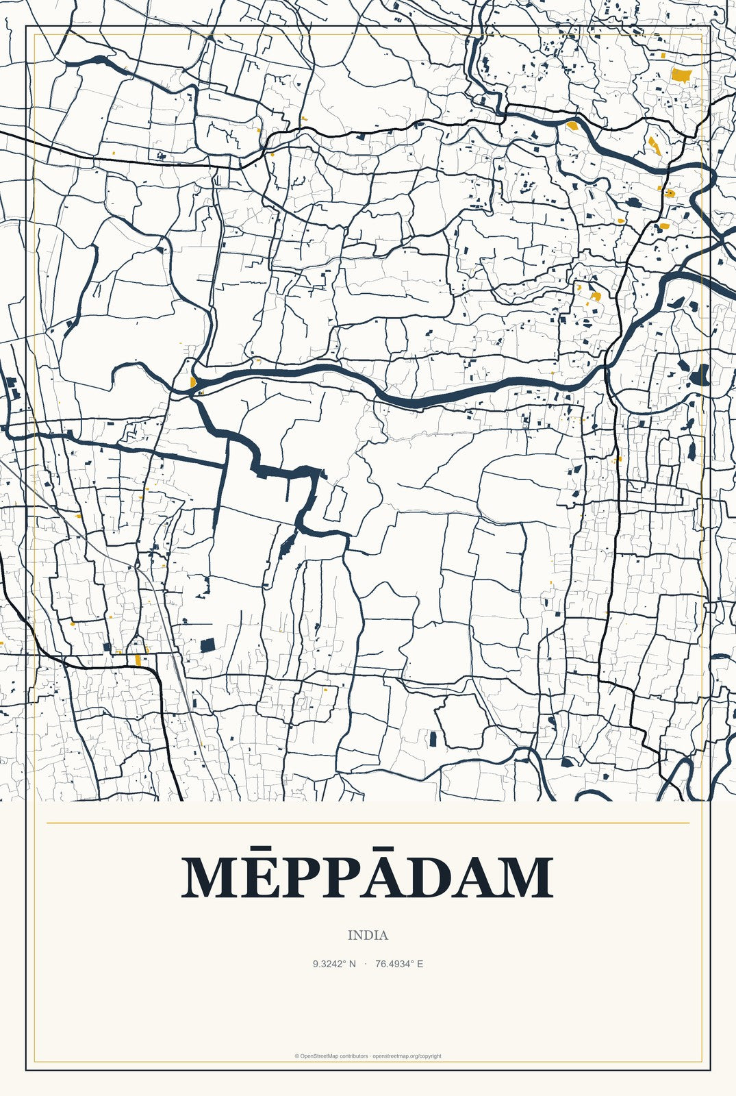 Mēppādam, India City Map Aluminum Sign in Citrine Modern style