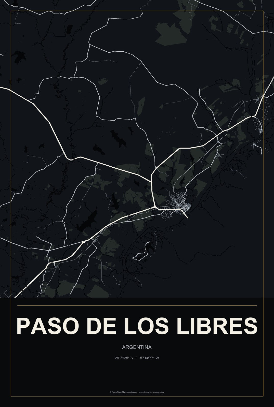 Paso de los Libres, Argentina City Map Aluminum Sign in Metropolitan Noir style