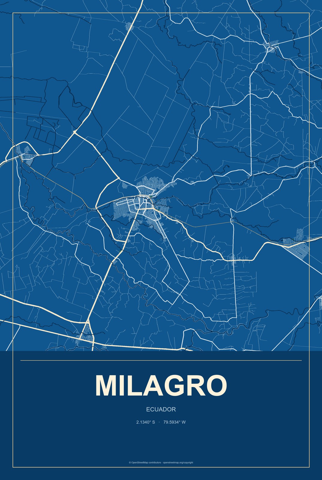 Milagro, Ecuador City Map Aluminum Sign in Harbor Cobalt style
