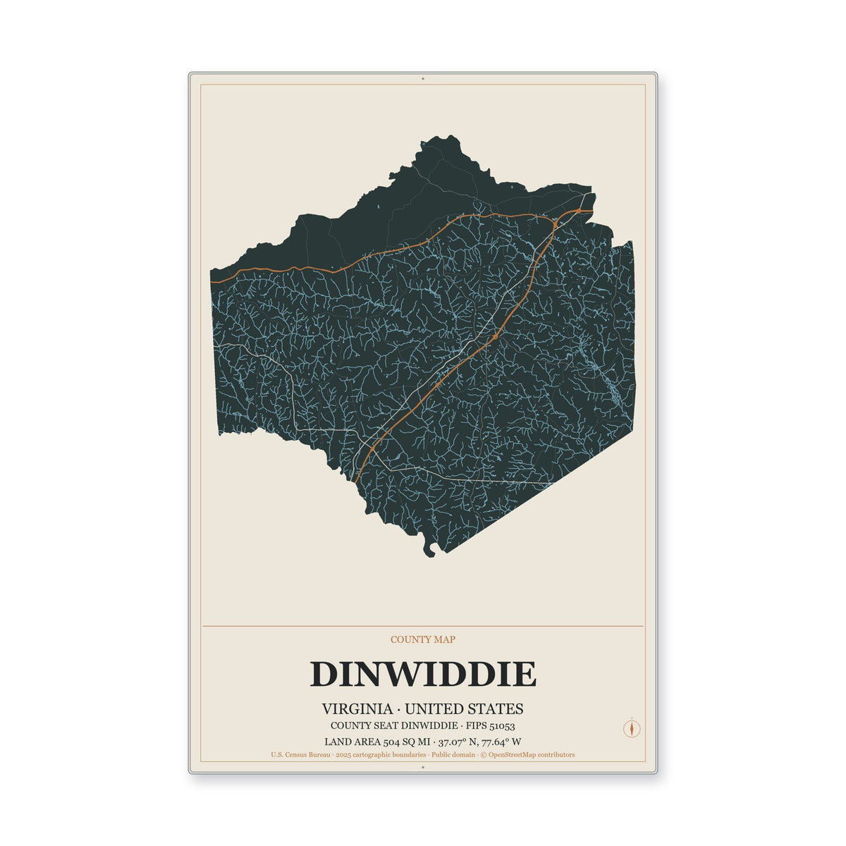 Dinwiddie County, Virginia Map Aluminum Sign in Headline Atlas style