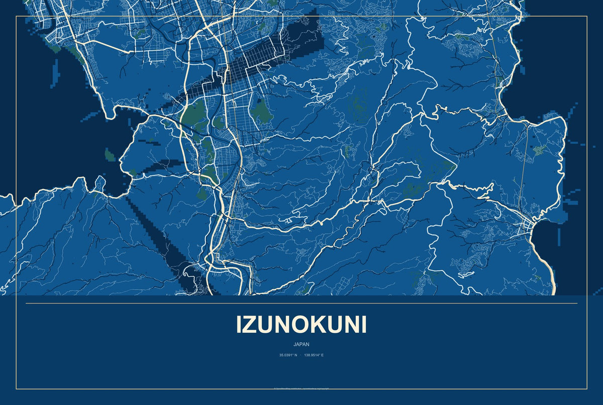 Izunokuni, Japan City Map Aluminum Sign in Harbor Cobalt style