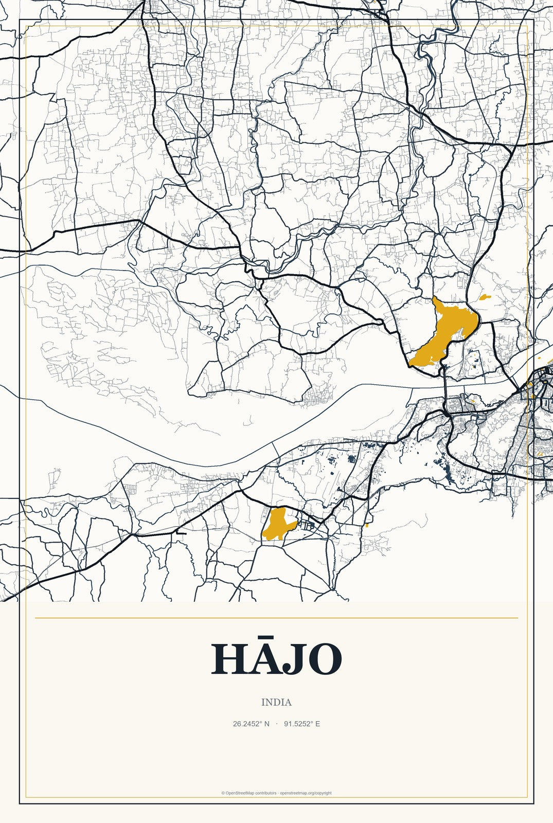 Hājo, India City Map Aluminum Sign in Citrine Modern style
