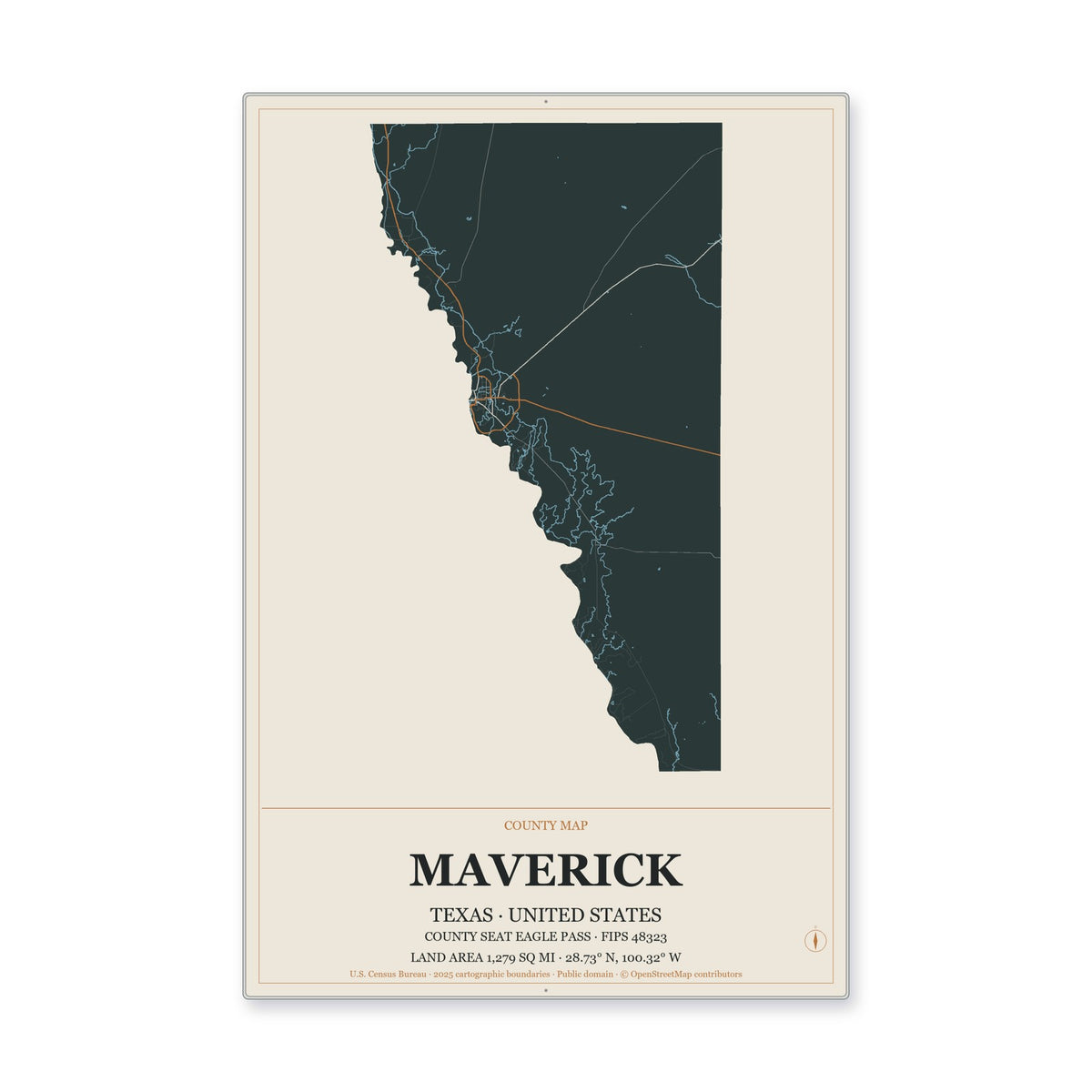 Maverick County, Texas Map Aluminum Sign in Headline Atlas style