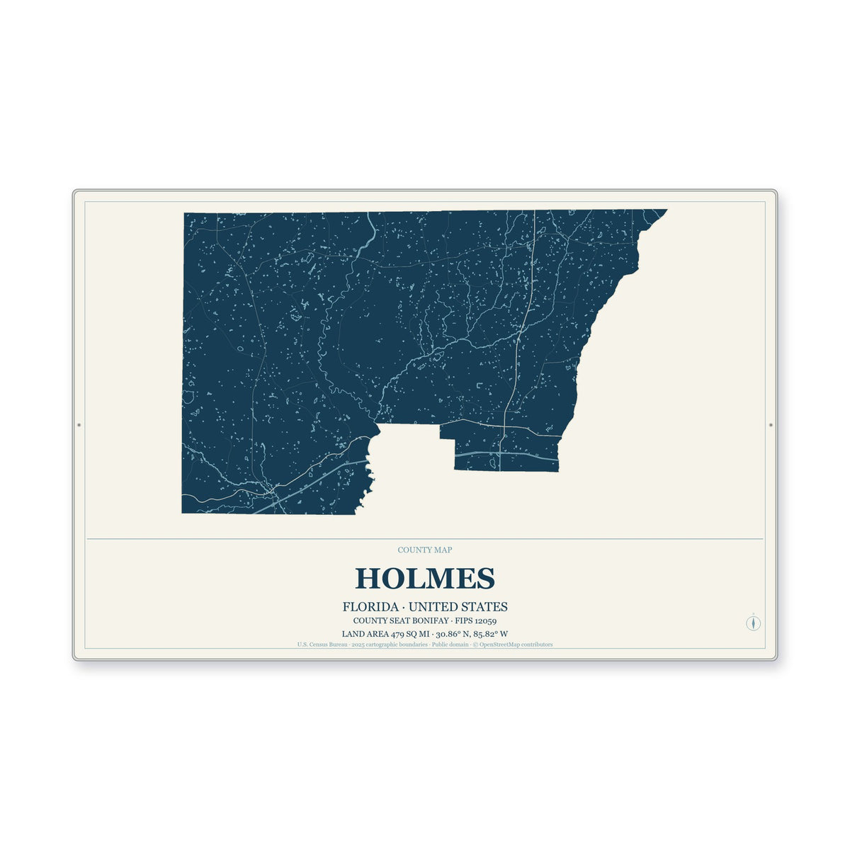 Holmes County, Florida Map Aluminum Sign in Coastal Cutout style