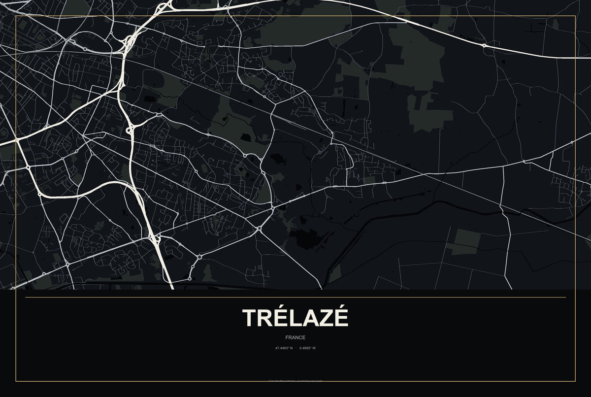 Trélazé, France City Map Aluminum Sign in Metropolitan Noir style