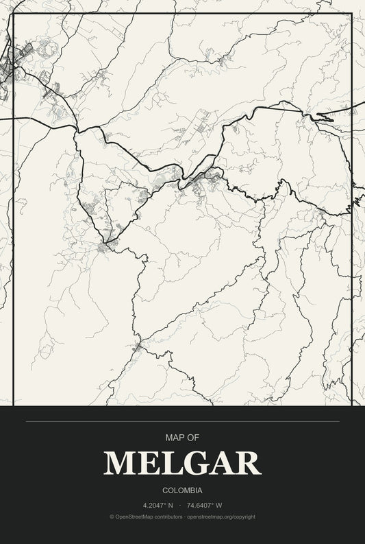 Melgar, Colombia City Map Aluminum Sign in Museum Plaque style
