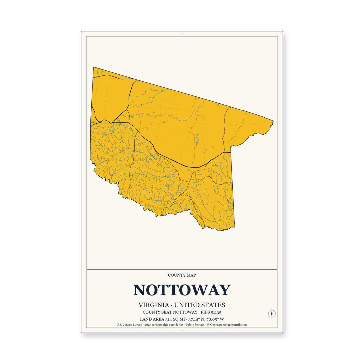 Nottoway County, Virginia Map Aluminum Sign in Citrine Modern style