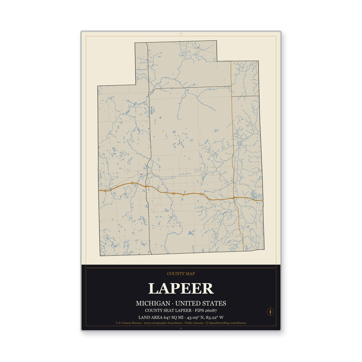 Lapeer County, Michigan Map Aluminum Sign in Museum Plaque style