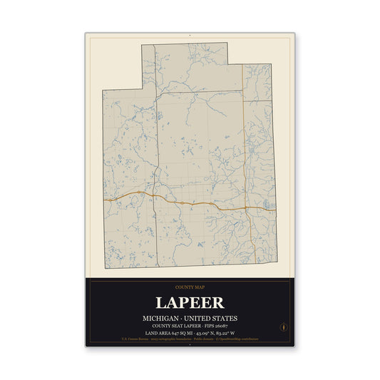 Lapeer County, Michigan Map Aluminum Sign in Museum Plaque style