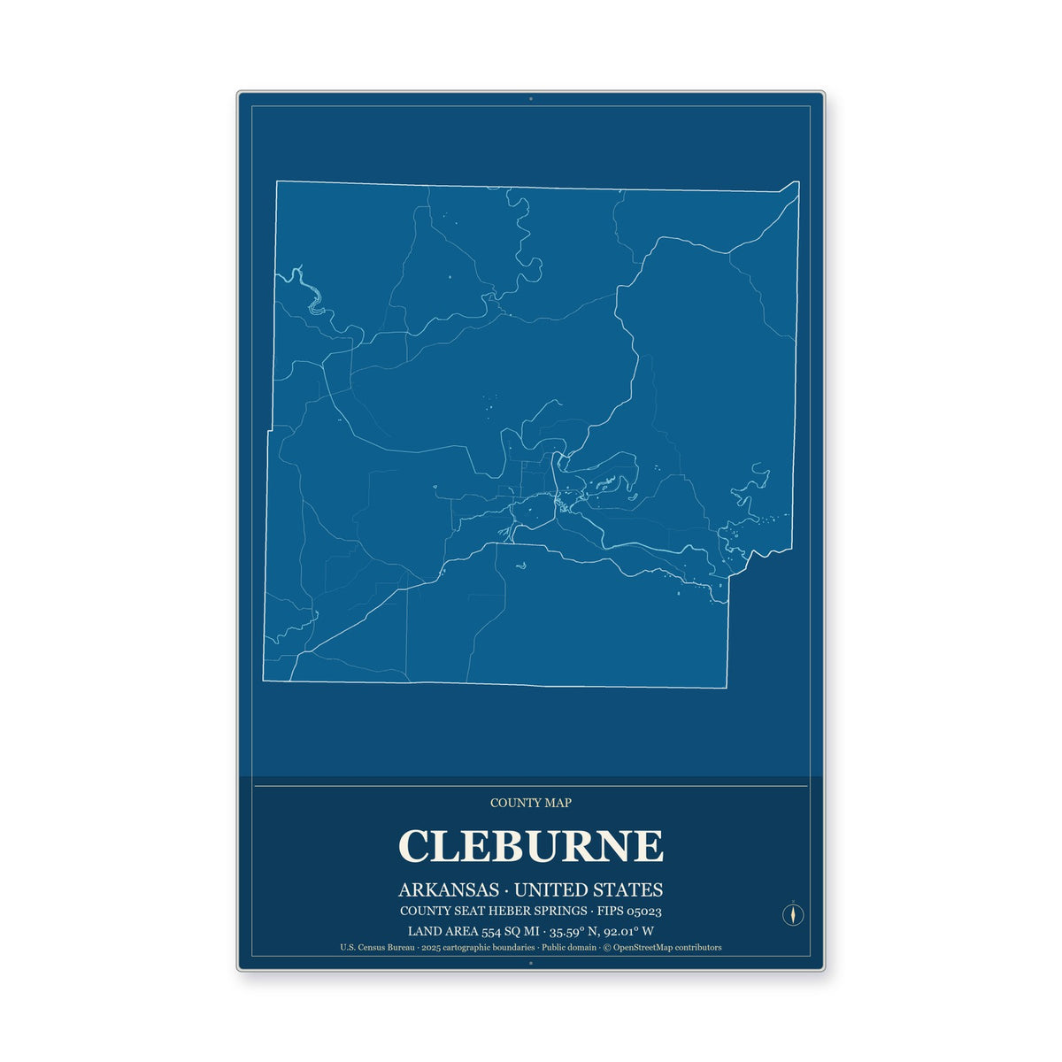 Cleburne County, Arkansas Map Aluminum Sign in Harbor Cobalt style