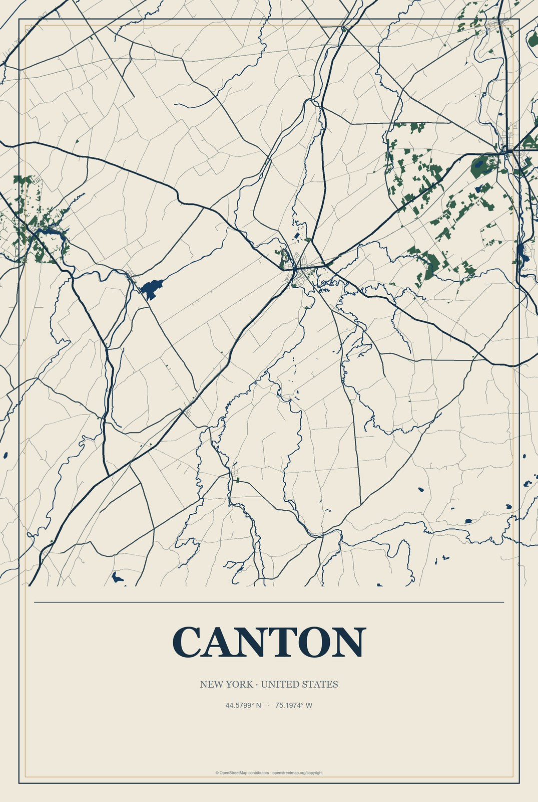 Canton, New York City Map Aluminum Sign in Coastal Cutout style