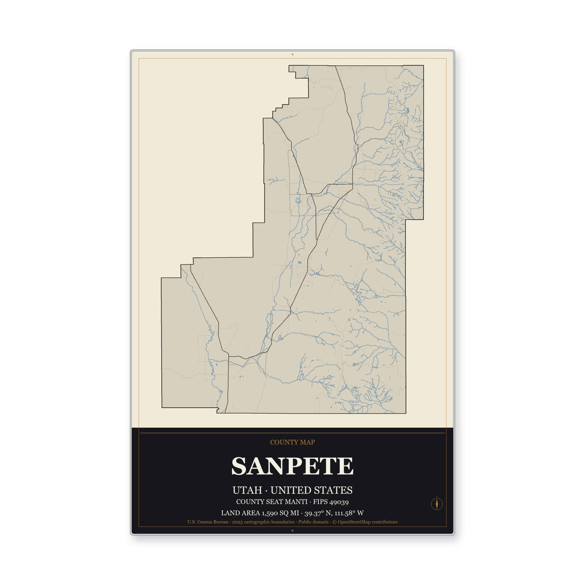 Sanpete County, Utah Map Aluminum Sign in Museum Plaque style