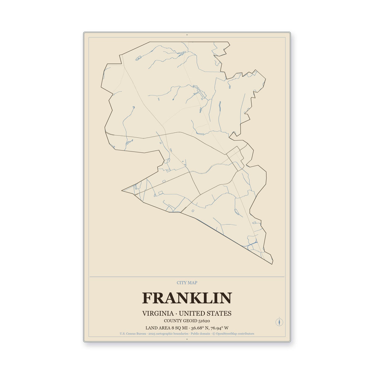 Franklin city, Virginia Map Aluminum Sign in Heritage Nautical style