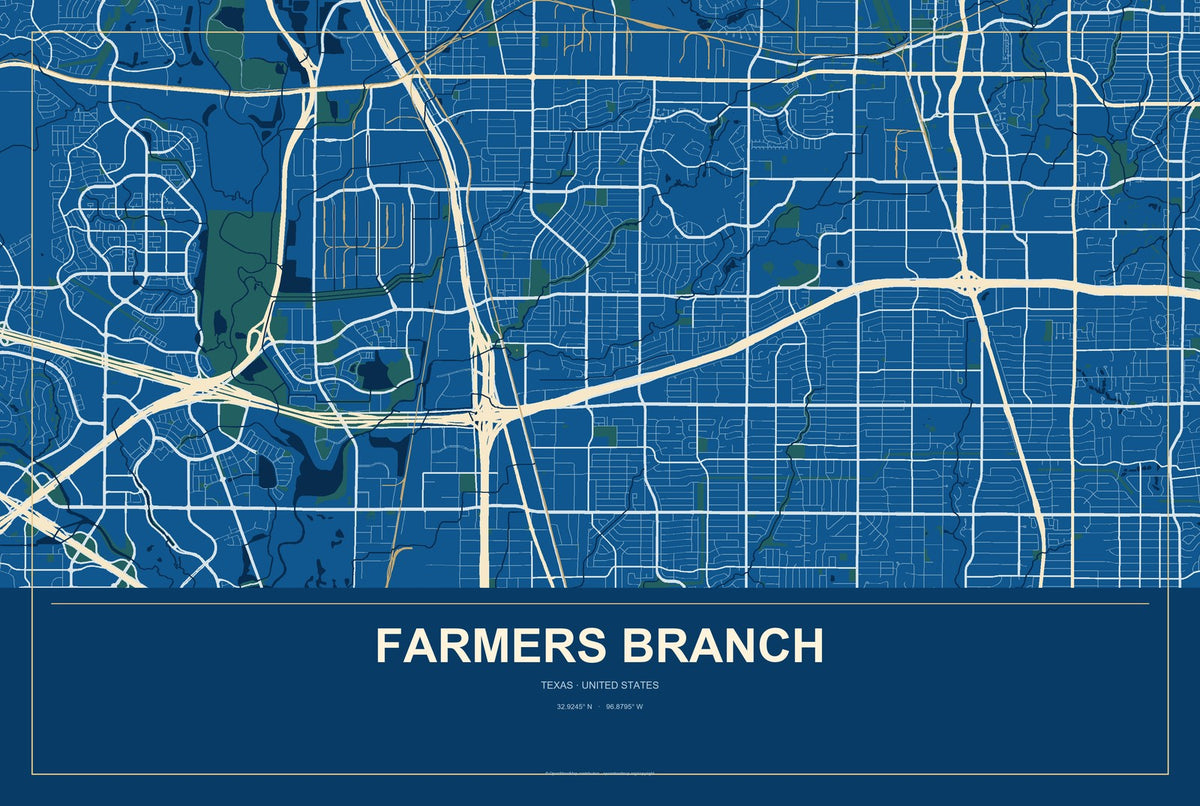 Farmers Branch, Texas City Map Aluminum Sign in Harbor Cobalt style