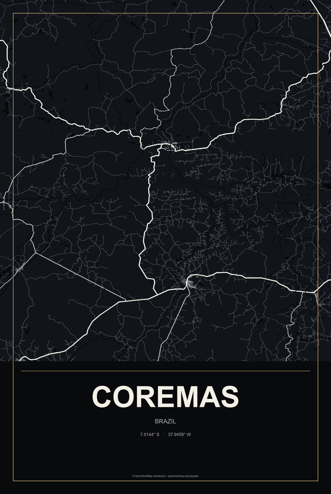 Coremas, Brazil City Map Aluminum Sign in Metropolitan Noir style