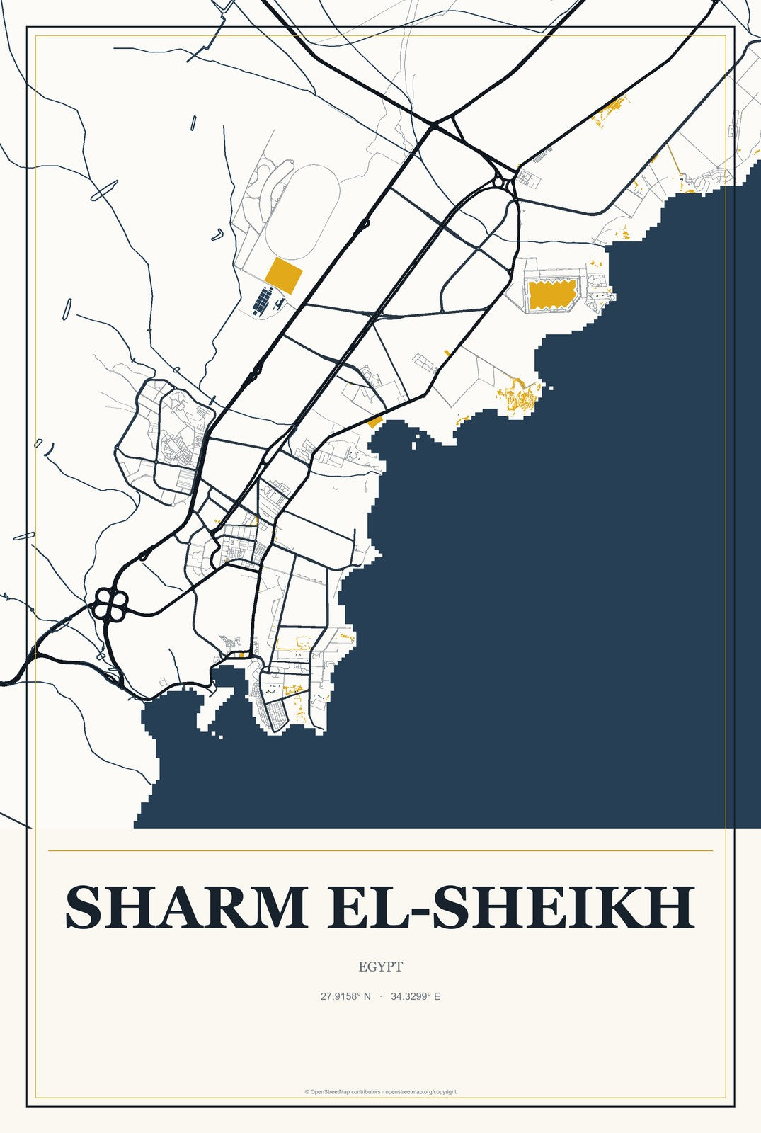 Sharm el-Sheikh, Egypt City Map Aluminum Sign in Citrine Modern style