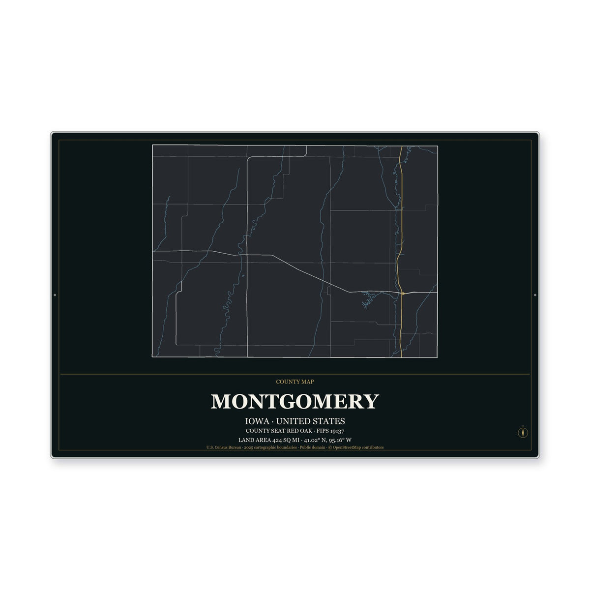 Montgomery County, Iowa Map Aluminum Sign in Metropolitan Noir style