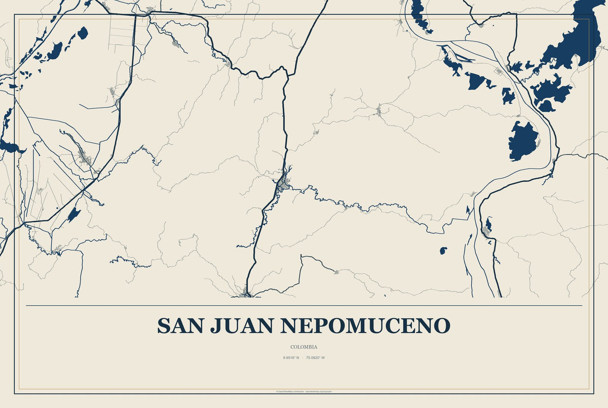 San Juan Nepomuceno, Colombia City Map Aluminum Sign in Coastal Cutout style