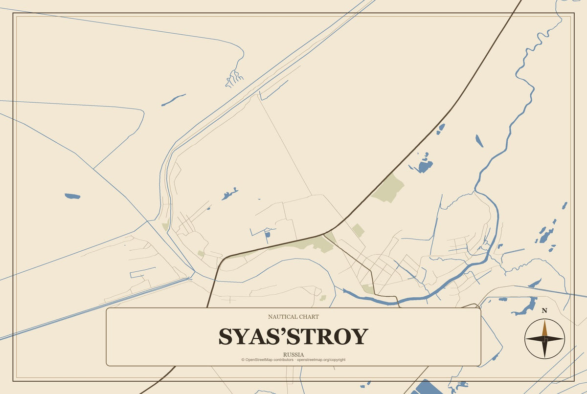 Syas’stroy, Russia City Map Aluminum Sign in Heritage Nautical style