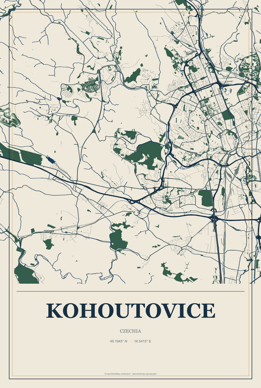 Kohoutovice, Czechia City Map Aluminum Sign in Coastal Cutout style