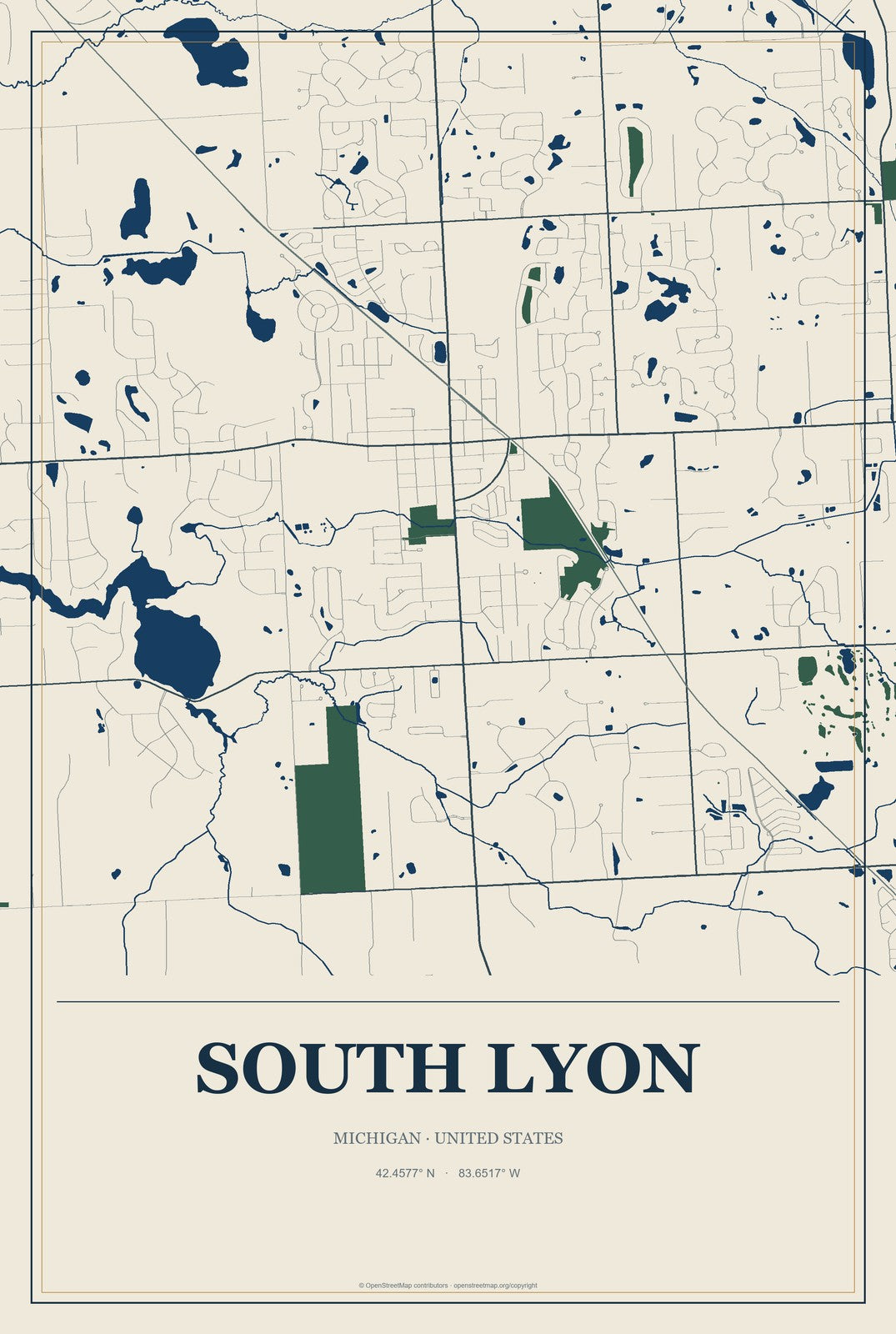 South Lyon, Michigan City Map Aluminum Sign in Coastal Cutout style